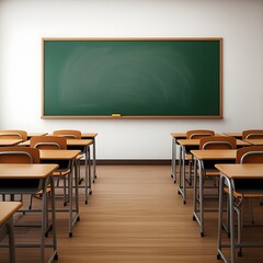 Empty classroom interior with rows of desks and chairs facing a large chalkboard, captured in hyper-realistic 4K HDR detail, set against a solid white background for a clean, minimalistic effect. Keyw