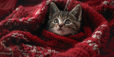 Cute kitten wrapped in blanket