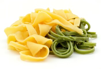 Assorted pasta shapes including tagliatelle, fettuccine, and pappardelle on a white background