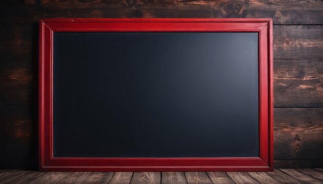 Blank blackboard with a red wooden frame against a rustic wooden background