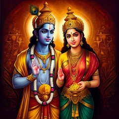 Fototapeta premium Lord Vishnu and Goddess Lakshmi standing together, symbolizing unity and divine blessings in Hindu culture