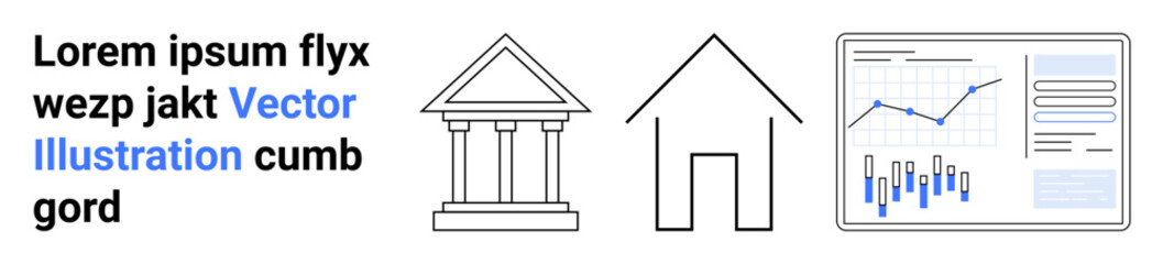 Bank icon, house outline, and data analytics dashboard panel. Ideal for finance, real estate, data science, analytics, technology, business, marketing Landing page