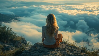 Woman sitting on a rock overlooking clouds at sunset in a serene mountain setting