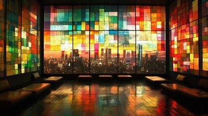 Fototapeta premium Vibrant cityscape through stained glass windows at sunset
