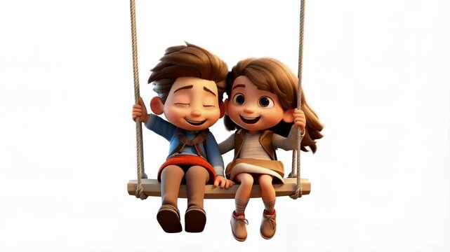 Two children enjoying and sharing the swing on white background. 3D cartoon animation