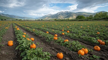 Bright Autumn View of Pumpkin Farm with Scenic Background