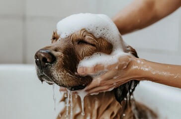 Fototapeta na wymiar A person giving their dog a golden retriever-style bathtub wash with water and shampoo foam in their hands
