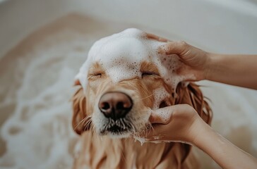 Fototapeta na wymiar A person giving their dog a golden retriever-style bathtub wash with water and shampoo foam in their hands