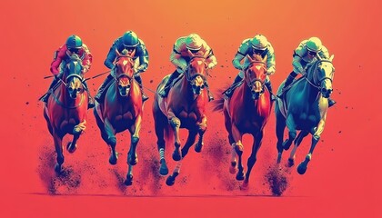 Thrilling horse race among five competitors on a vibrant colored background