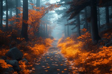 Fototapeta premium Rustic autumn forest path covered with golden leaves. Generative AI