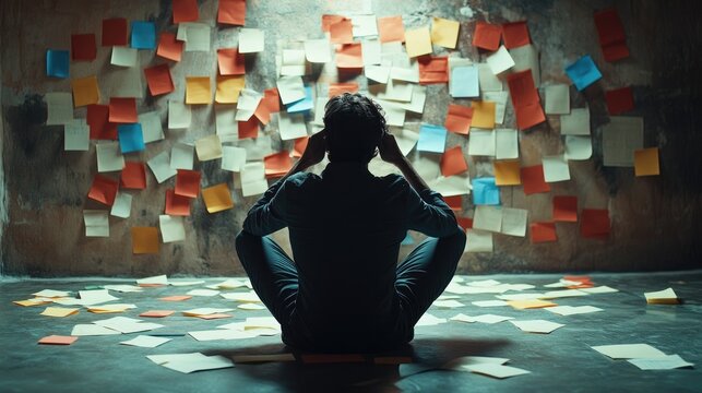 Overwhelmed individual surrounded by colorful sticky notes