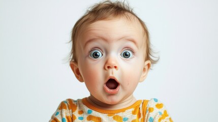 A surprised baby with wide eyes shows a strong emotional reaction against a plain background, highlighting curiosity and wonder in the early years of life