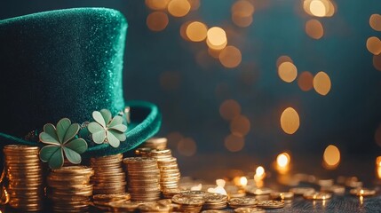 Green Leprechaun Hat Overflowing With Gold Coins And Clover Leaves, St. Patricks Day Celebration