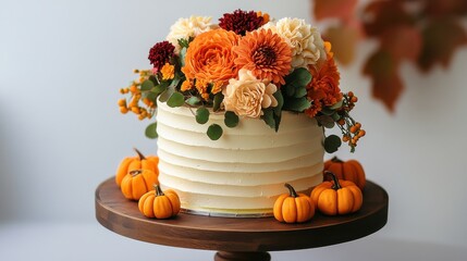  A beautifully decorated cake adorned with vibrant orange flowers and small pumpkins is displayed on an elegant wooden stand