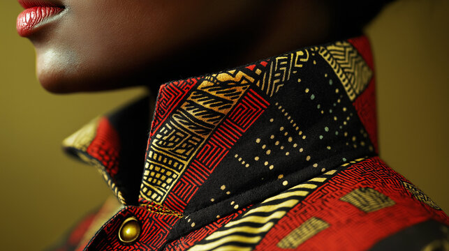Close-up of woman wearing red and black patterned collar.