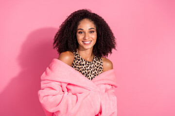 Photo portrait of pretty young girl wrapped jacket wear trendy leopard print warm coat outfit isolated on pink color background