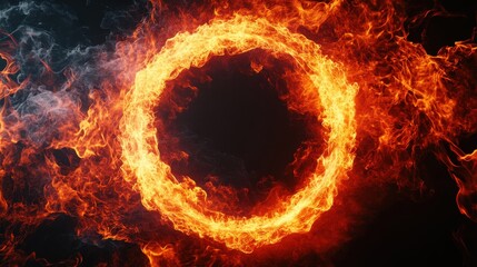 Fototapeta premium A glowing red and orange fire background on black, with burning flames surrounding the circle in the center of the frame. 