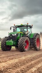 Obraz premium Powerful Tractor Driving Across Plowed Field under Dramatic Sky, Agriculture Industry