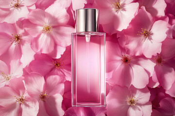 An elegant glass tall bottle of skincare, on top of a bed of pink cherry blossom flowers