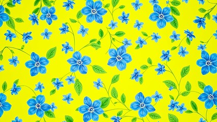Delicate Blue Blooms on a Soft Yellow Background, a Watercolor Inspired Floral Pattern for Summer Designs