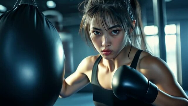 Focused female boxer in intense training session for fitness motivation