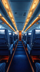 Obraz premium Airplane cabin, front view, blue seats with white turban pieces, dark blue carpet, bright and warm, flat illustration, flat colors. The overall tone of the picture is warm white.