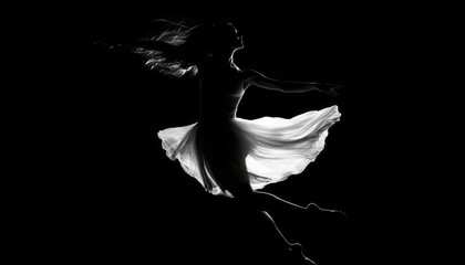 A dancer twirls gracefully in a flowing white skirt against a dark background