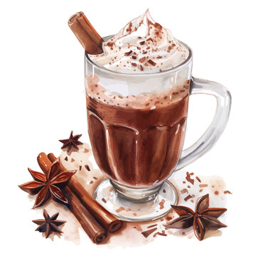 watercolor hot chocolate with cinnamon and whipped cream clip art preview