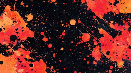 Abstract background with red and orange paint splatters on a black surface.