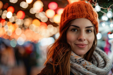 A Christmas market with a Christmas tree lighs in the background ai generative