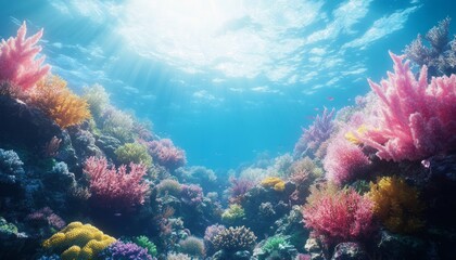 Naklejka premium Vibrant coral reef teeming with marine life under bright sunlight in the clear ocean