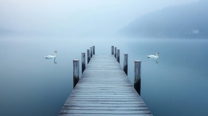 Obraz premium Misty Lake with Swans