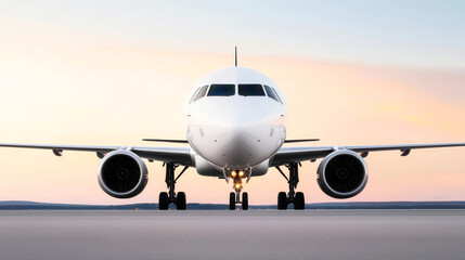 Obraz premium Front view of an airplane mirroring in the ground of airport during sunset