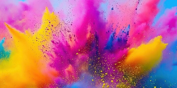 Vibrant explosion of colored powder fills the air during a joyful celebration, showcasing a stunning mix of pink, yellow, and blue hues at an outdoor festival in bright daylight