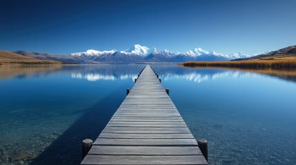 Wooden Pathway Leading Towards Majestic Mountains and a Serene Lake