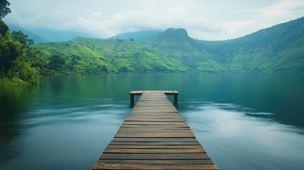 Serene Mountain Lake with Wooden Dock