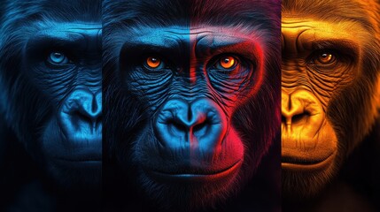 Three striking gorilla portraits display unique color treatments with vibrant backgrounds, emphasizing each gorilla's distinct facial expression and character in a captivating artistic style