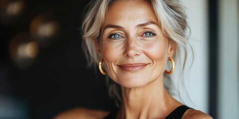 Fototapeta premium A confident older woman with silver hair smiles warmly in a well-lit room, showcasing natural beauty and elegance in a relaxed setting during the afternoon