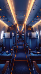 Airplane cabin, front view, blue seats with white turban pieces, dark blue carpet, bright and warm, flat illustration, flat colors. The overall tone of the picture is warm white.