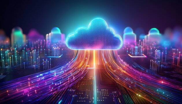 Cloud computing with a glowing cloud icon in the center, surrounded by colorful circuit boards and data lines.