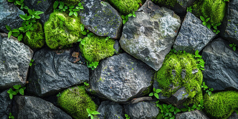 a group of rocks with moss growing on them