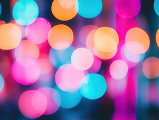 Colorful bokeh lights creating a vibrant and festive atmosphere, abstract background.