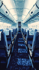 Obraz premium Airplane cabin, front view, blue seats with white turban pieces, dark blue carpet, bright and warm, flat illustration, flat colors. The overall tone of the picture is warm white.