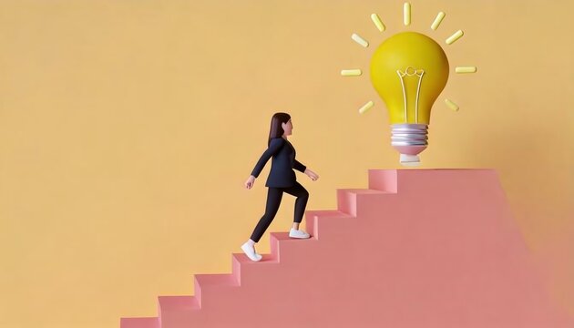 A woman ascends pink stairs towards a bright yellow light bulb, symbolizing progress, creativity, and inspiration.