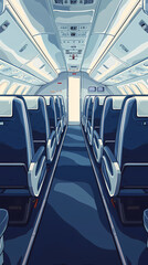 Fototapeta premium Airplane cabin, front view, blue seats with white turban pieces, dark blue carpet, bright and warm, flat illustration, flat colors. The overall tone of the picture is warm white.