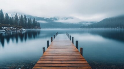 Fototapeta premium Serene Lake with Foggy Mountains