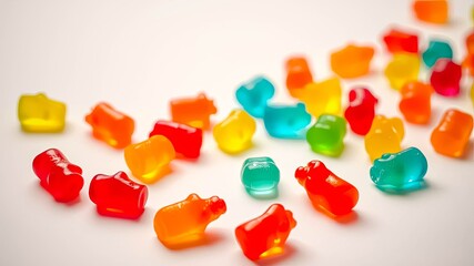 A vibrant scattering of gummy candies on a pristine white surface, showcasing a spectrum of colors and translucent textures.