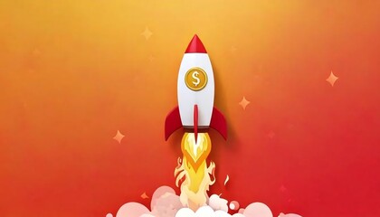A rocket with a dollar sign takes off against a vibrant orange background, symbolizing financial growth and success.