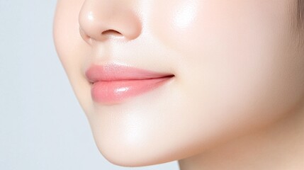 Obraz premium A close-up of a woman's mouth and chin, showcasing smooth skin and a natural lip color, emphasizing beauty and skincare.