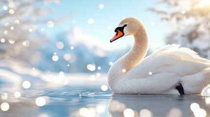 Obraz premium A graceful swan glides through a serene, snowy landscape, illuminated by sparkling bokeh lights, capturing a tranquil winter scene.